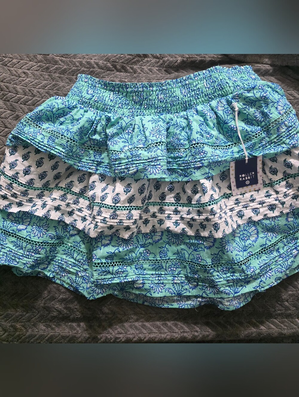 Roller Rabbit Aqua and White Floral Tiered Mini Skirt